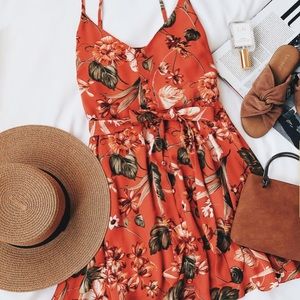 Lulus ULANI RUSTY ROSE FLORAL SKATER DRESS - XL